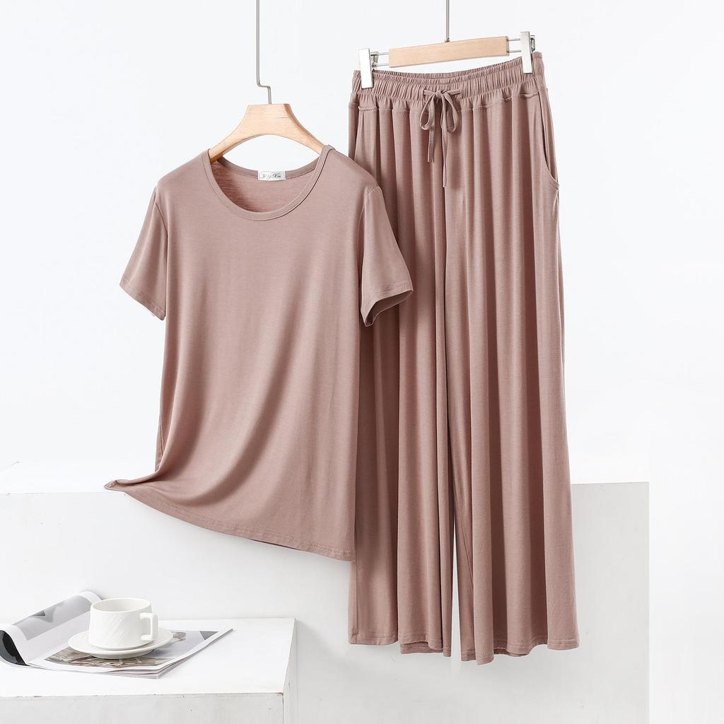 Color Block Cotton Crew Neck Two-Piece Set: Short Sleeve Top & Wide Leg Drawstring Pants