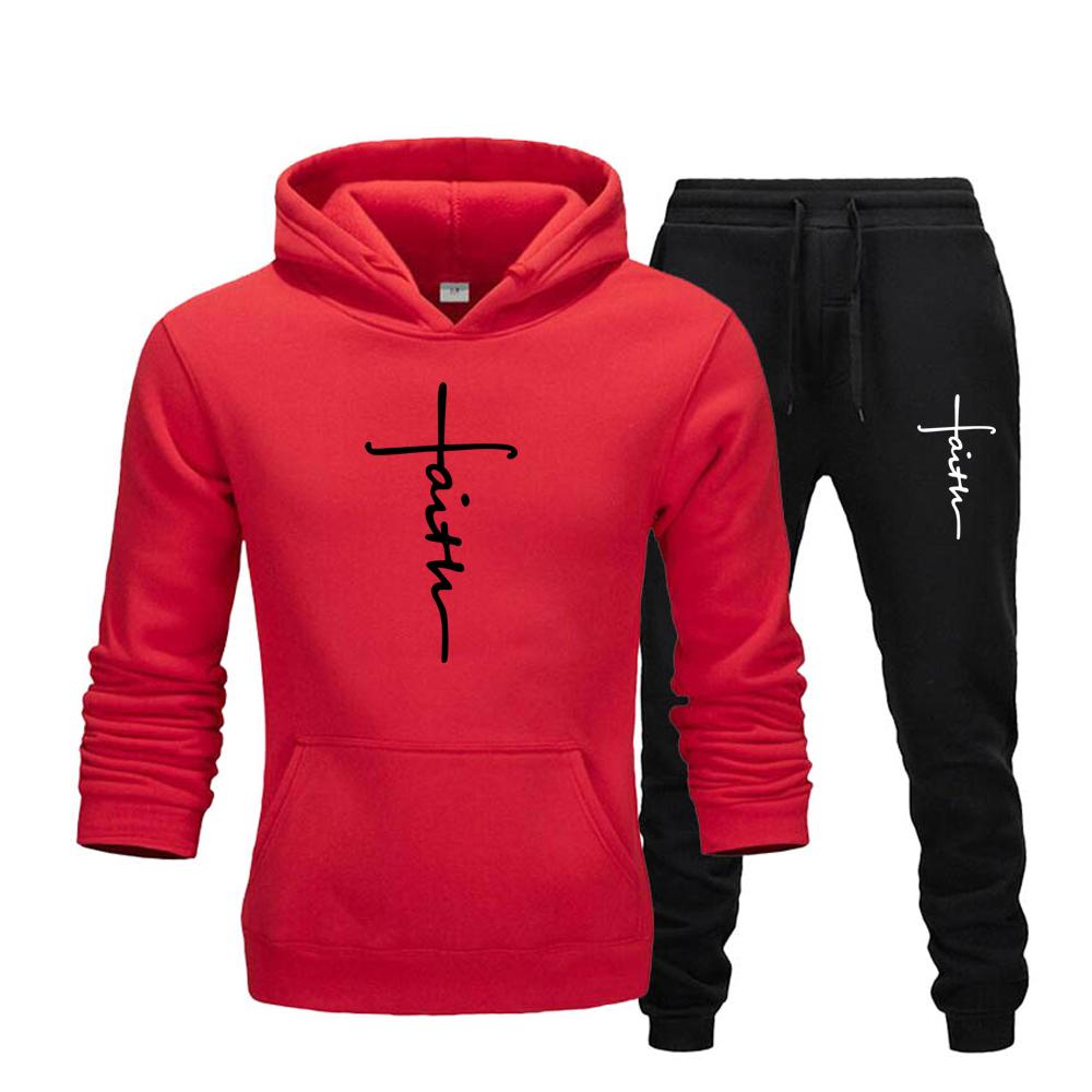"Faith" Men's Casual Sports Hooded Sweatshirt +Drawstring Pants 2 Pieces Sets  Letter Print Sweatshirt Fleece Hoodie Set Men's