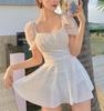 [PureAribon] Waist-Conscious Puff Sleeve One-Piece Figure-Flattening Swimsuit, TOKYO GOODS MARKET (Premium Short Sleeve/White with Blue Ribbon, XL)