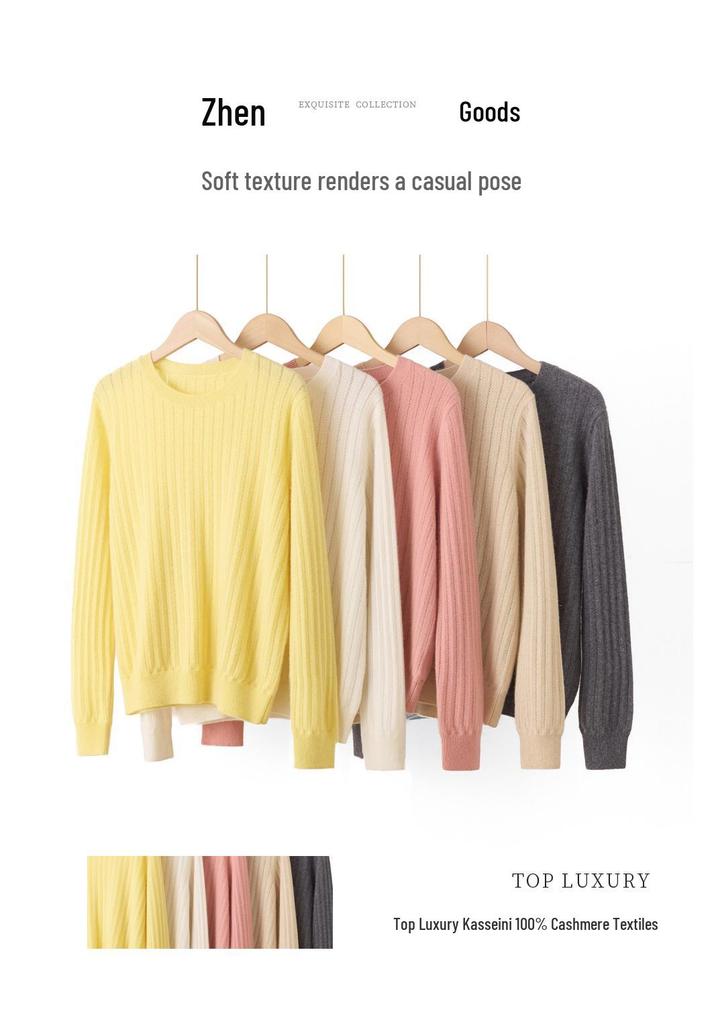 Women's Pure Cashmere Vertical Stripe Hollow Round Neck Sweater - Autumn/Winter 12-gauge Single-ply