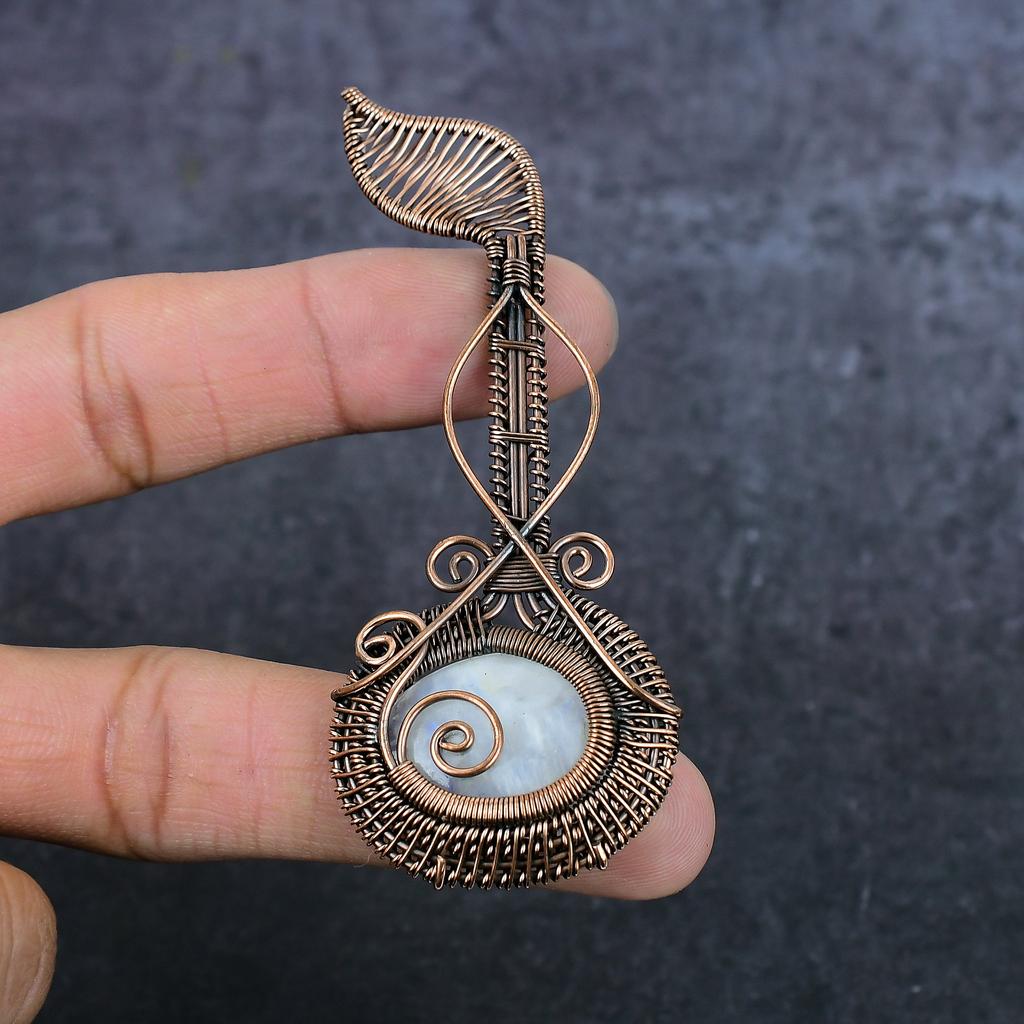 Natural Moonstone Gemstone Handmade Copper Wire Wrap Jewelry Pendant 3.35" z3C19