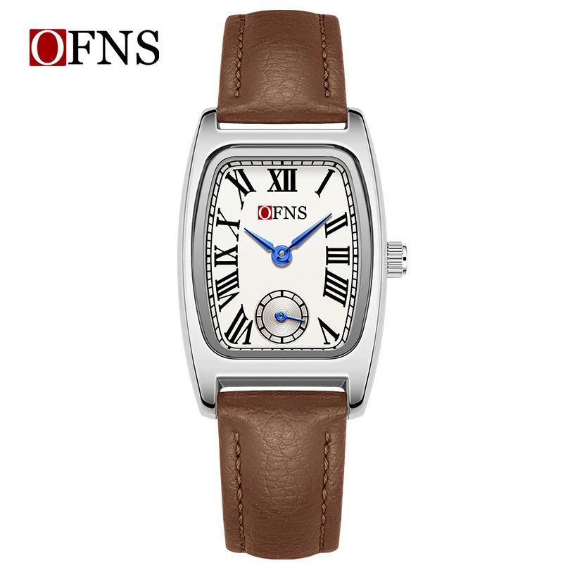 Fashion Ofns Brand Women's Quartz Watch Vintage Barrel Shape Two Half Hand Leather Strap Waterproof Dress Leather Wrist Watches