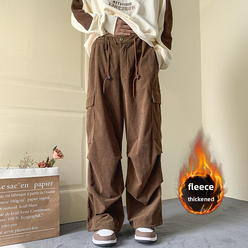 Men's Corduroy Overalls with Velvet - American Style, Straight Loose Wide-Leg, Trendy Autumn/Winter Large Size Pants