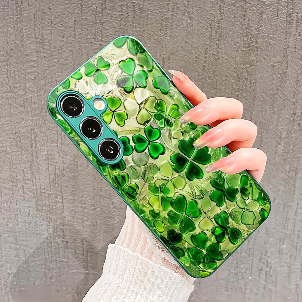 Crystal-like quality Four Leaf Clover PhoneCase Glass PhoneCase for Samsung Galaxy S26 S25 S24 S23 S22 FE Ultra Plus Exquisite