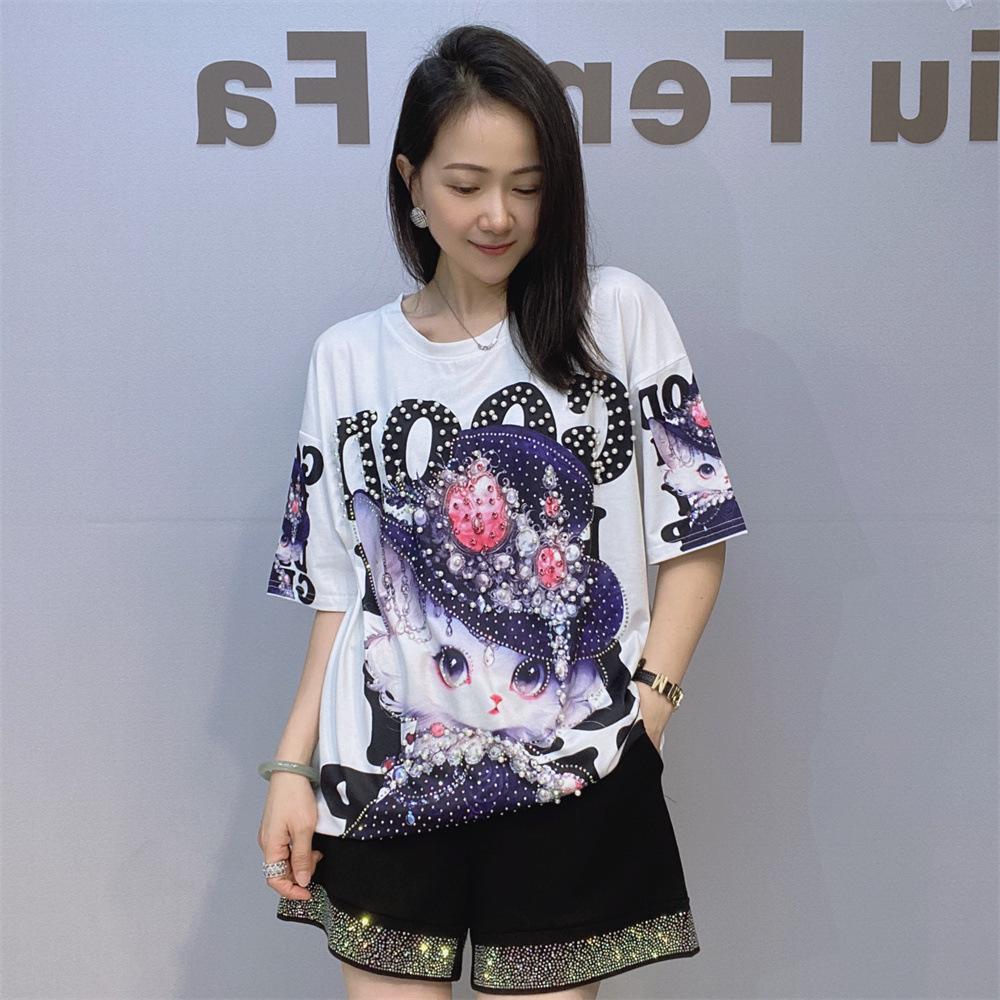Modische bedruckte T-Shirts für Damen Sommerkleidung Lässig 3D Cartoon-Muster Heiße Strassperlen Weibliche Kurzarm-Tops T-Shirt
