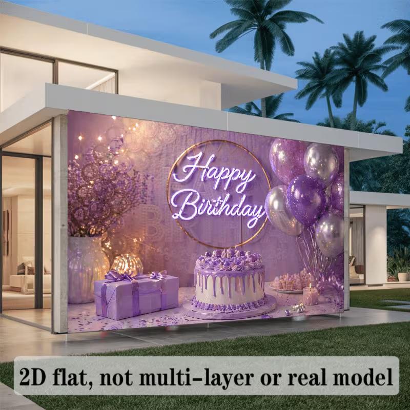 2D Neon Sign Style Purple Happy Birthday Backdrop Banner Party Decoration