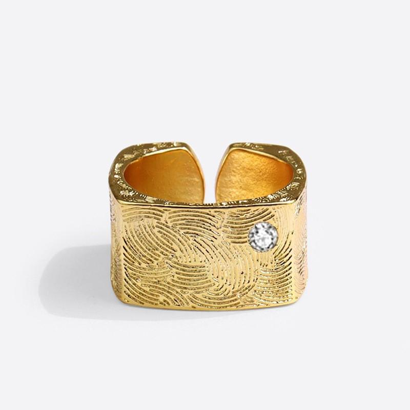 Adjustable Open Ring Men Women With Geometric Square Design Gold Plated Fingerprint Texture Finish Vintage Style Copper