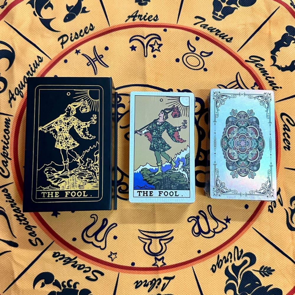 Holographic Gold Foil Rider Tarot Deck - 78 Cards PET Plastic, Waterproof & Scratch-Resistant, with Paper Guidebook 12*7cm