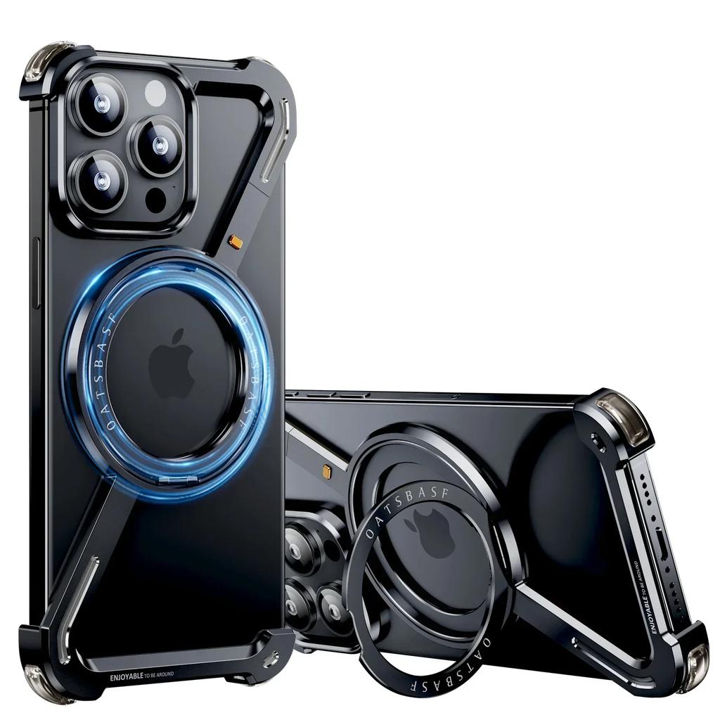 Oatsbasf Z Shape Metal Magsafe Phone Case for iPhone 15 /16 Pro Max Phone Protective Cover Shockproof Bumper W/ Magnetic Ring