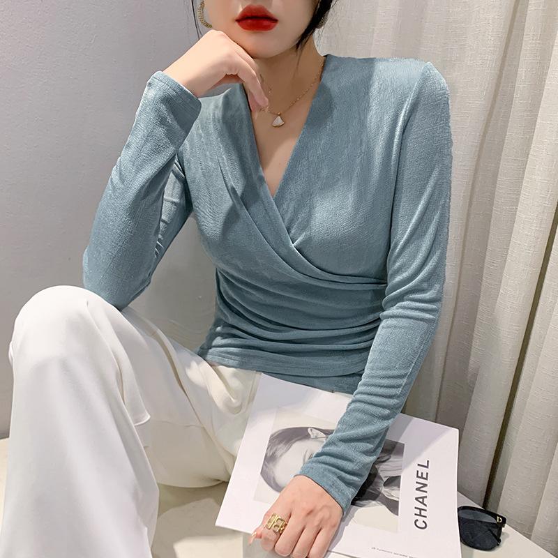 

Сексуальная футболка с V-образным вырезом для женщин, женская футболка с длинными рукавами, осенний модный дизайн, плиссированный топ, темперамент, облегающая талию, утягивающая базовая рубашка 3XL синий