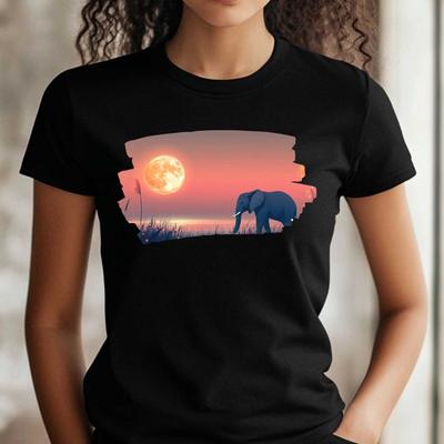 T-Shirt Women Elephant On Full Moon Motif Cotton Size XS To 3XLWill Open In New Window or Tab