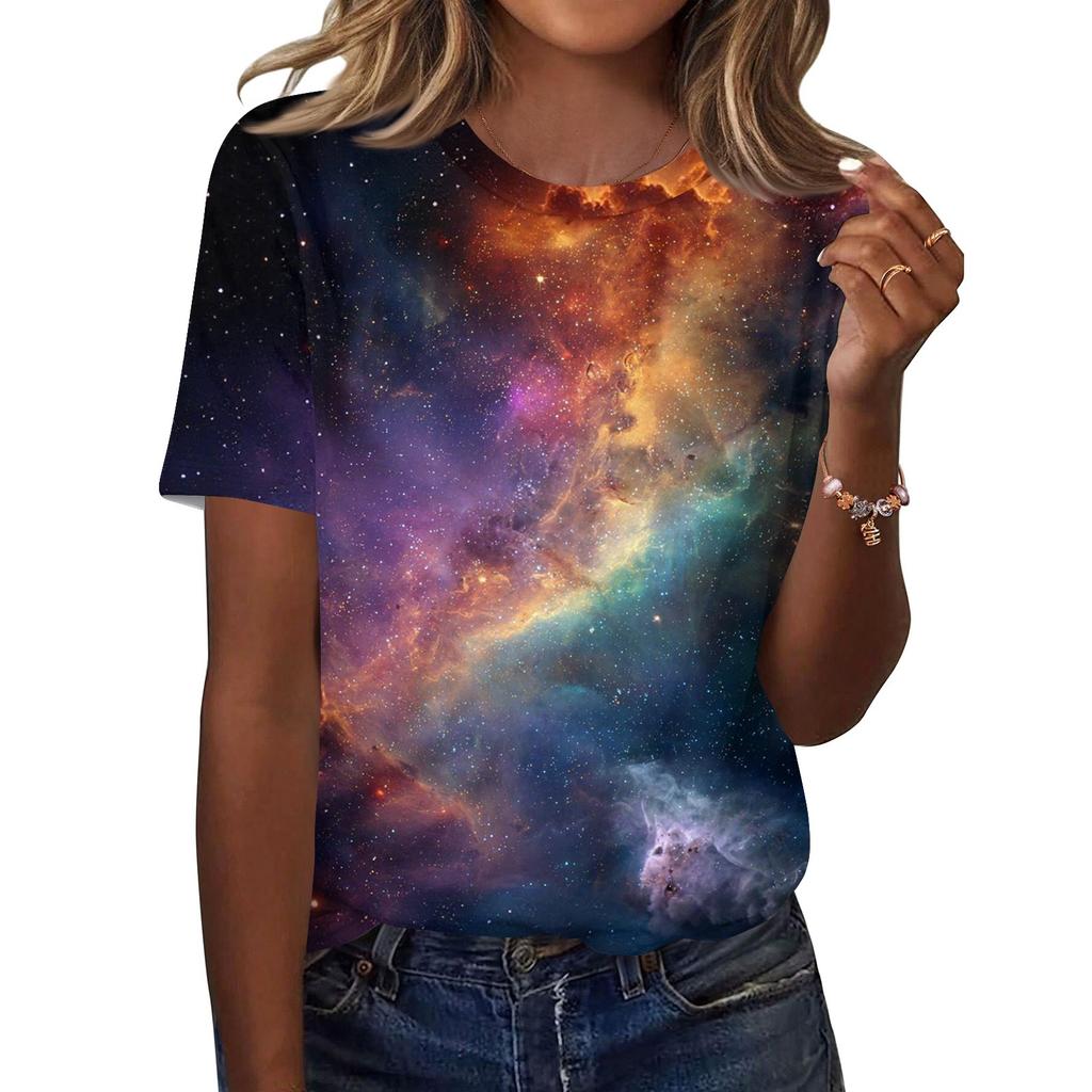 Women's Fashionable Casual Short Sleeve Print Round Neck Pullover Top