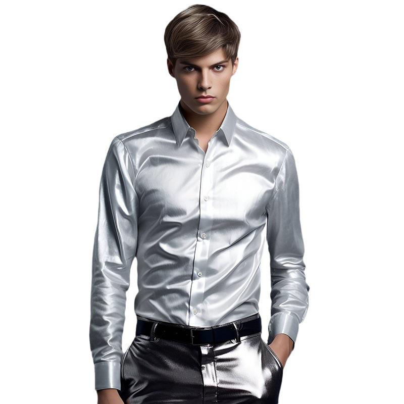 2026 Men's Shiny Long Sleeve Casual Shirt - European Size, Autumn Fashion
