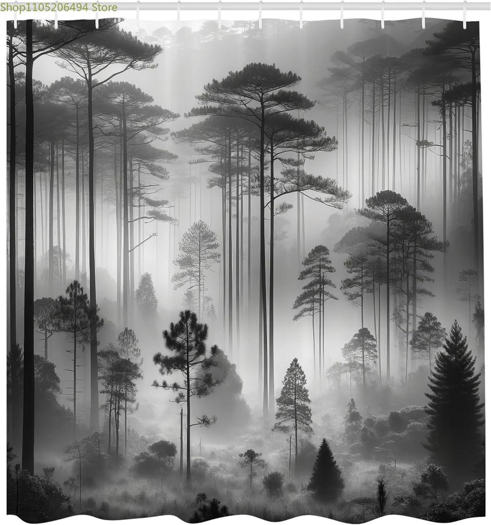 Schwarz-weißer Duschvorhang neblige hohe Bäume Wald natürliche Landschaft Stoff Badezimmerdekoration Duschvorhang mit Haken