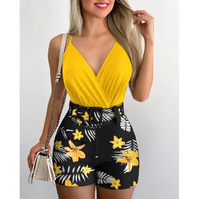 2026 Spring/Summer New V-neck Camisole with Plant Print Shorts Women s Casual Set S жёлтый