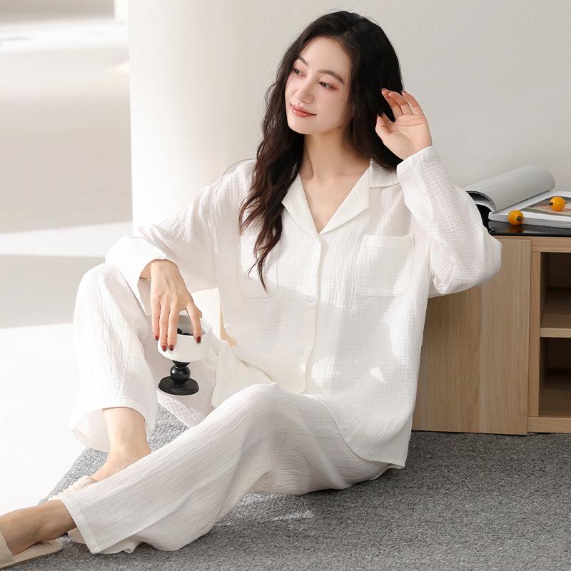 Baby cotton double-layer gauze pure cotton pajamas women's spring and autumn long-sleeved 1011 new thin models can be worn outside white loungewear