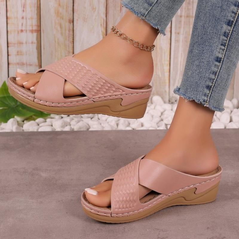 Hollow cross with platform sandals women's Velcro solid color light slope heel beach sandals