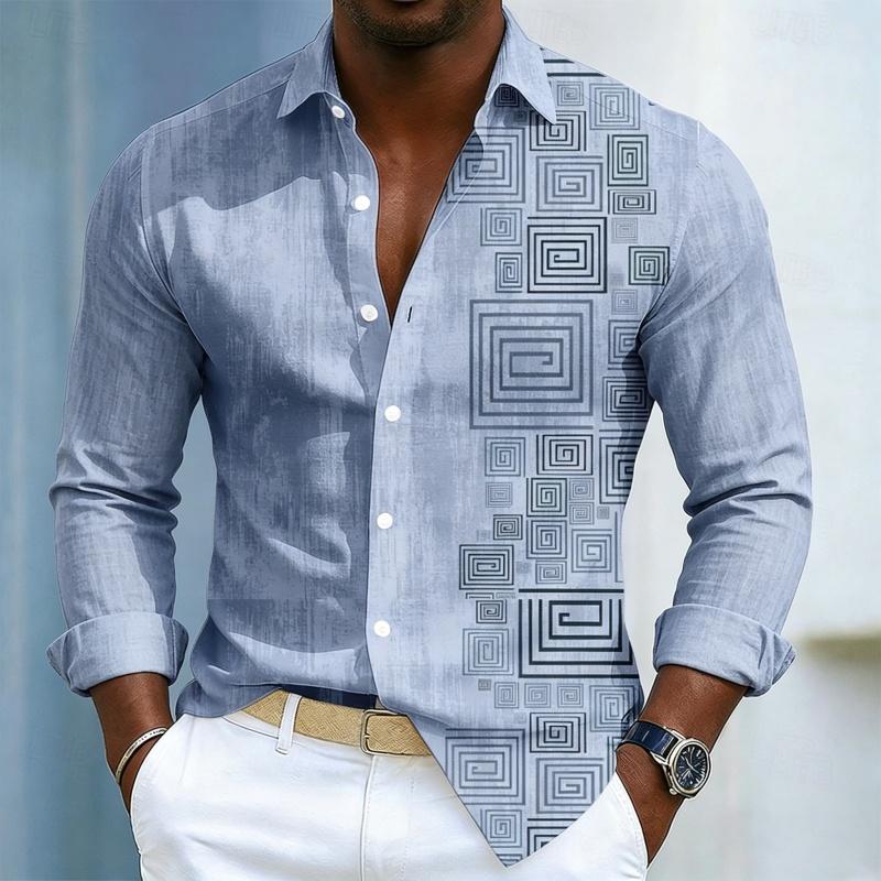Herrenhemd mit geometrischem Musterdruck, Langarmhemd für Herren, Schwarzes Slim Fit Hemd, Modisches Design, Herrenbekleidung