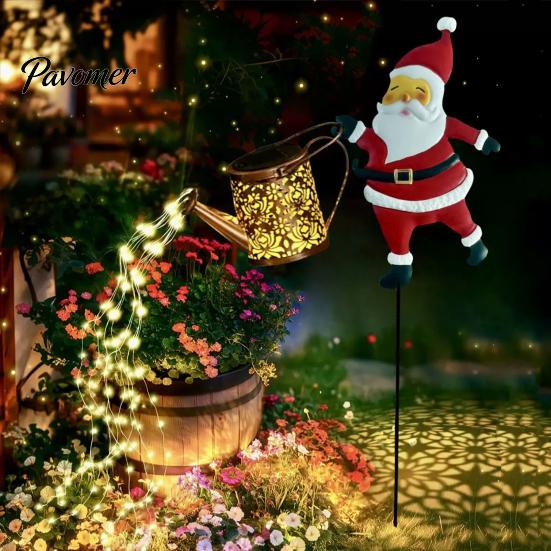Metal Yard Ornaments for Gift Christmas Solar Santa Kettle Light, Solar-Powered Claus Watering Can Stake Lamp Decorative Stakes with LED String,