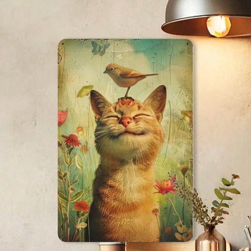 Vintage Metal Poster Wall Art Retro Red Cat Bird Flower Tin Sign
