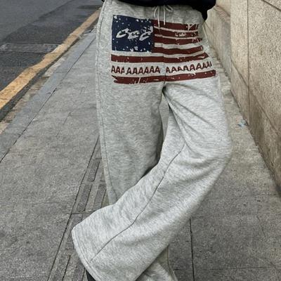 Europejska i amerykańska jesienno-zimowa moda uliczna drukowane luźne długie damskie spodnie casualowe