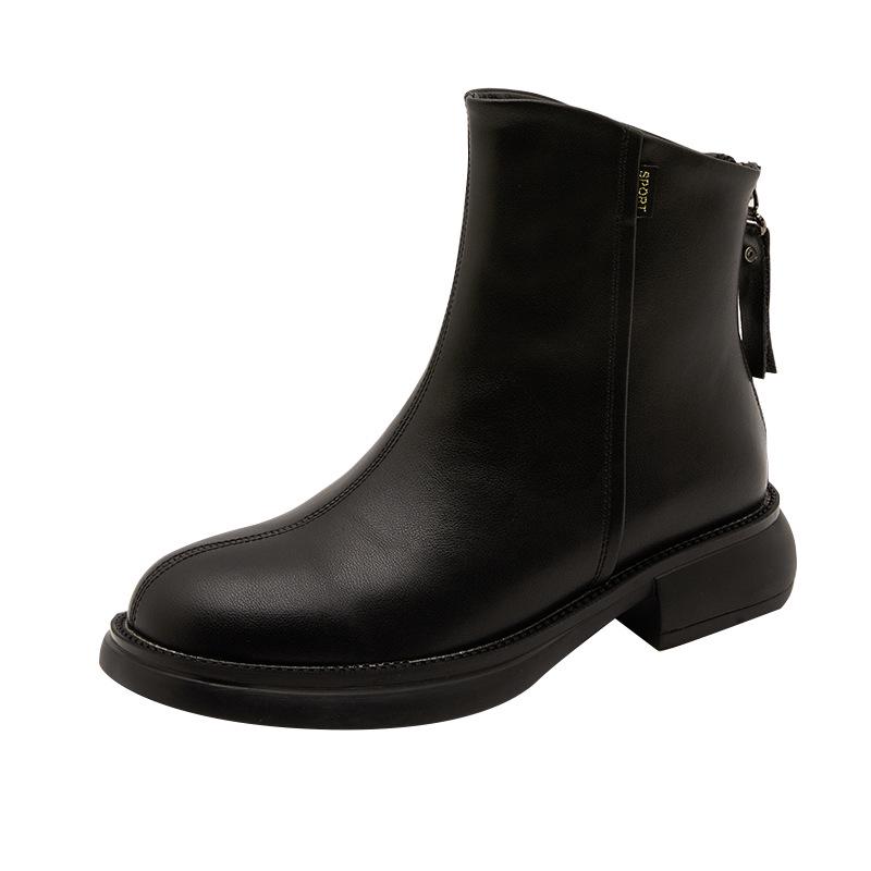 Women's Vintage Korean Style Mid-Calf Leather Martin Boots, Autumn/Winter Collection, Plus Size, Back Zipper, Casual Slimming Design.