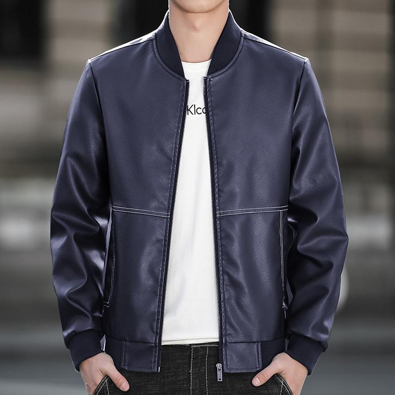 

Весна и осень новый стиль бейсбольный воротник кожаная куртка мужская тонкая красивая куртка молодежная мотоциклетная стоячий воротник кожаная куртка 4XL