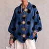 Women's Polka Dot Denim Jacket with Lapel Collar, Asymmetric Hem and Large Buttons