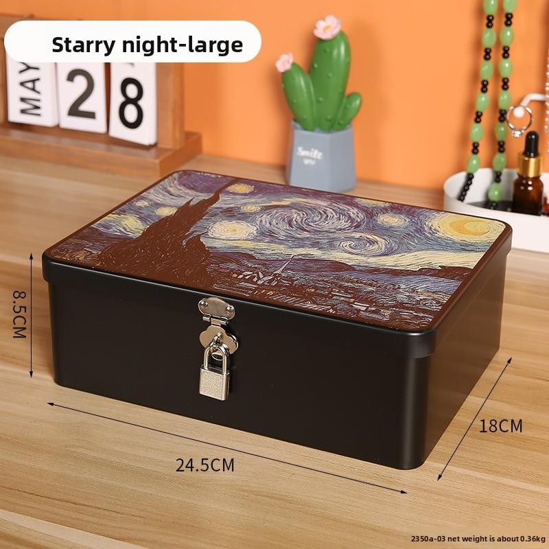 Retro Tinplate Box with Lock Key, Desktop Storage Box, Cosmetics, ID Storage, Household Jewelry Empty Box.