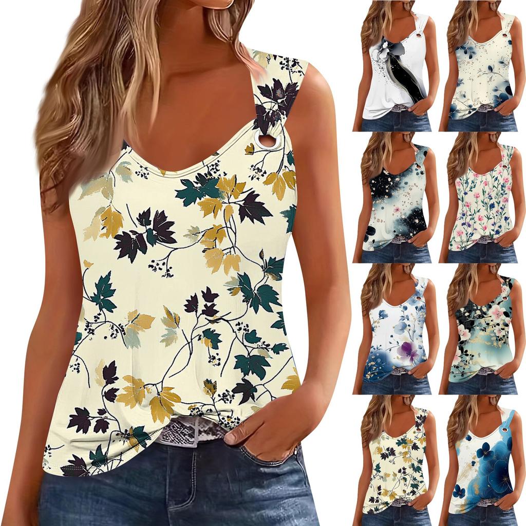 Womens Tank Top V Neck Basic Printed Casual Flowy Sleeveless Deep Side Cut Tops For Women