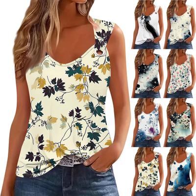 Womens Tank Top V Neck Basic Printed Casual Flowy Sleeveless Deep Side Cut Tops For Women