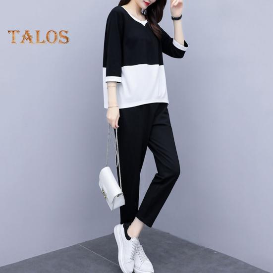 2 ks/sada Dámské tričko Kalhoty Set Sportovní oblečení Colorblock Top s kulatým výstřihem Poloviční rukáv Top Elastický pas Dlouhé Kalhoty Běžné kalhoty Top na dojíždění