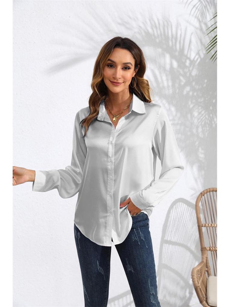 European & American Women's Long Sleeve Satin-Cotton Shirt - Solid Color, Spring & Autumn Bestseller