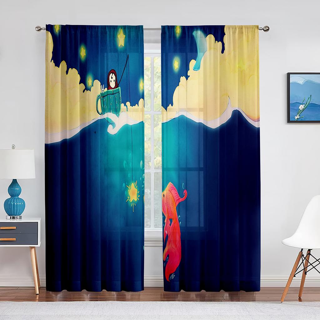 Koi Fish Ink Painting Goldfish Sheer Voile Curtains Window Treatment Chiffon Tulle Curtain for Kitchen Living Room Bedroom Drape