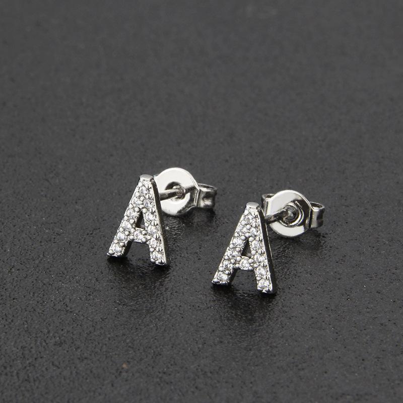 Fashion Diamond-studded Letter Earrings, Copper-plated Minimalist Copper-plated Silver Earrings A