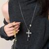 Vintage Tiger Eye Stone Cross Pendant Necklace with Sweater Chain Design