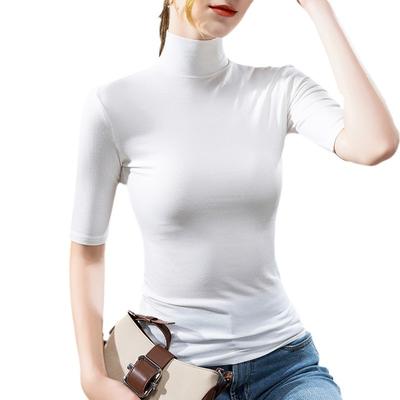 High-neck Base Shirt for Women New Women's Solid Color Thread Mid-sleeved T-shirt Waist-hugging Elastic Tight Body Shirt