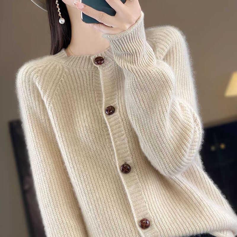 

Осенний кардиган женский вязаный с круглым вырезом, длинным рукавом, однобортный, однотонный, красивый свитер 2XL