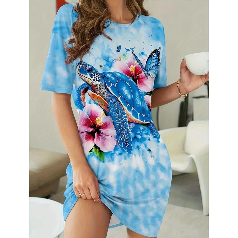 3D Print Dress 2026 Ladies Blue Turtle Print Short Sleeve Large Size T-Shirt Going Out & Home Wear Ladies Pajamas