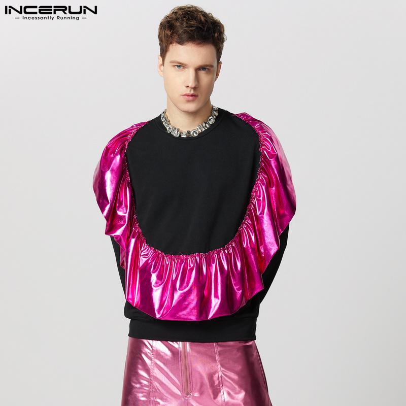 INCERUN Men Round Neck Long Sleeve Shiny Finish Ruffled Patchwork Loose T-shirts