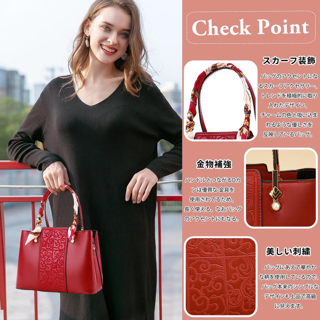 NICOLE & DORIS Women's 2-Way Shoulder Bag with Embroidered Floral Print, Three-Layer Design, Elegant Waterproof PU Leather, Multiple Pockets, Scarf,