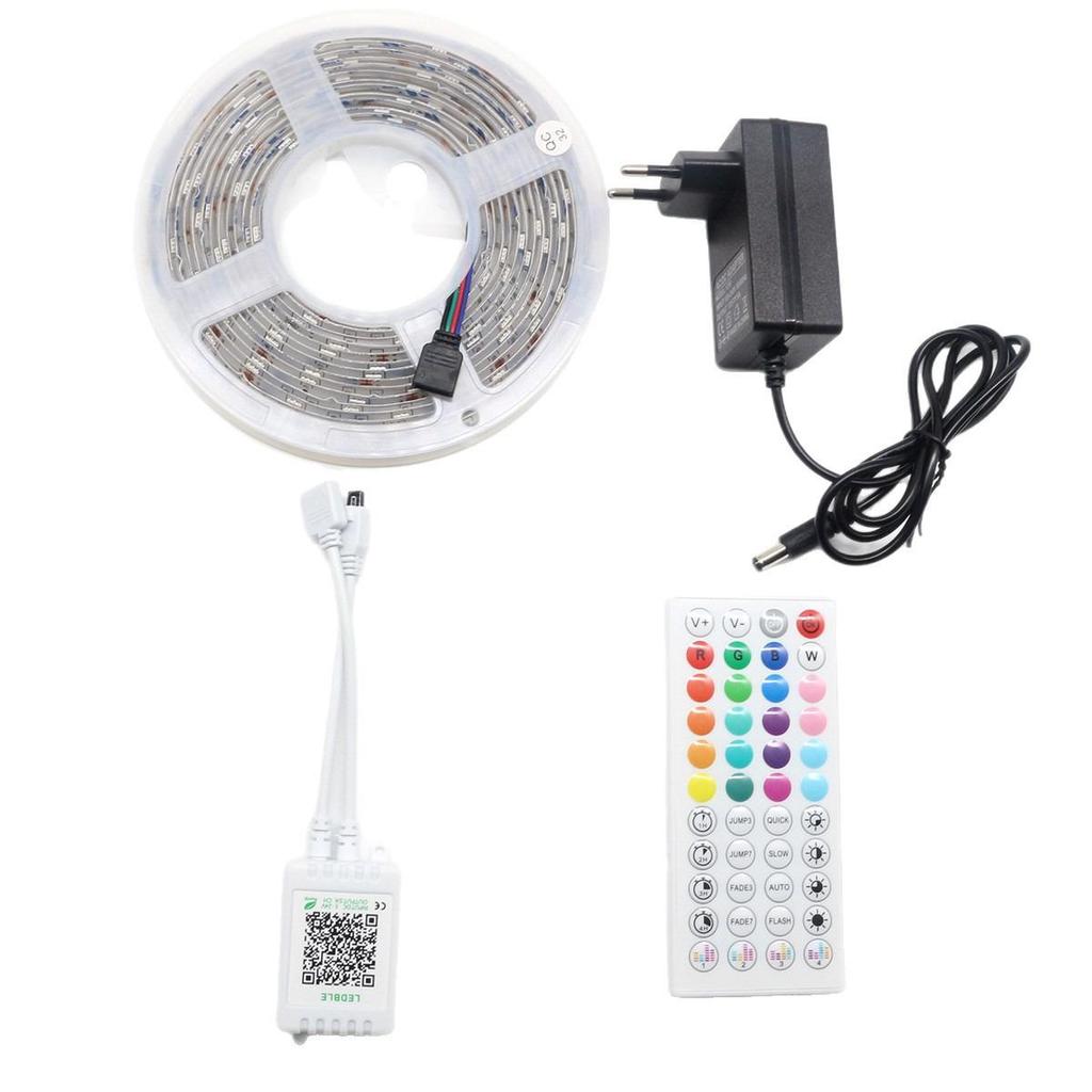 12V RGB Bluetooth 5050 LED Strip Light Set, 44-Key Remote & App Music Sync, Seven-Color Atmosphere Lighting for Bedroom