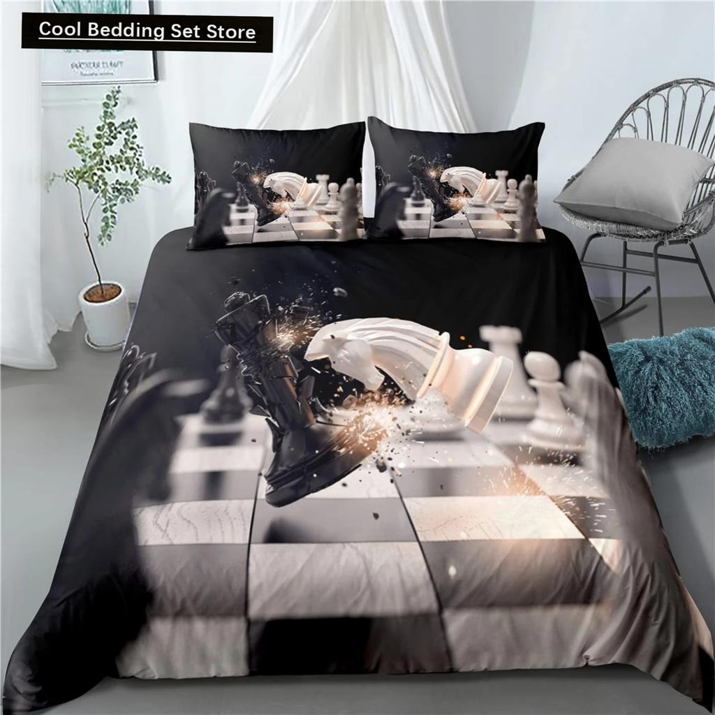 International Chess King Queen Duvet Cover Chess Board Bedding Set Black White Grid Quilt Cover Plaid Polyester Comforter Cover