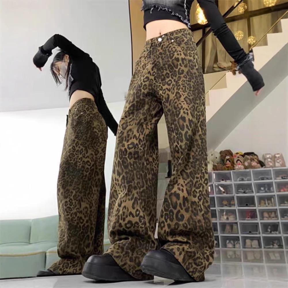 2025 Women's American Retro Leopard Print Jeans - Summer Thin, Casual Wide-Leg Straight Pants for Street Dance