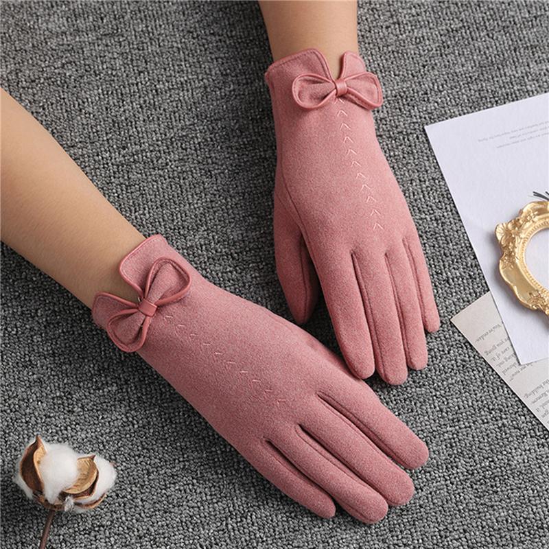 

Женские перчатки с милой вышивкой бантом, тонкие бархатные варежки для вождения с сенсорным экраном, зимние кашемировые теплые перчатки для езды на велосипеде розовый