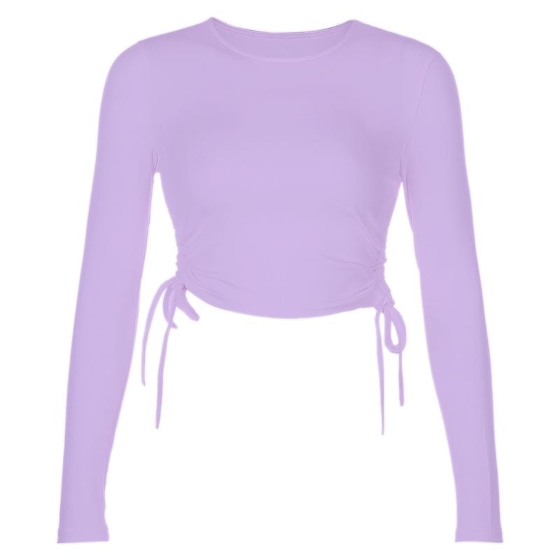 Top corto aderente a maniche lunghe con scollo a V sexy T-shirt lavorata a maglia con fasciatura irregolare con coulisse da donna