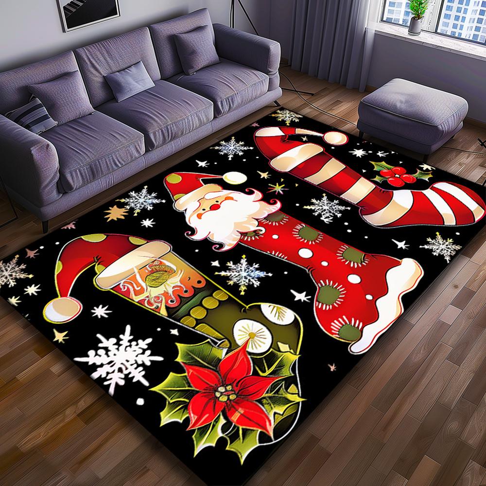 Festive Christmas Hat & Stocking Area Rug - Durable Polyester Mat with Santa, Candy Canes, Snowflakes & Holly Design for Living