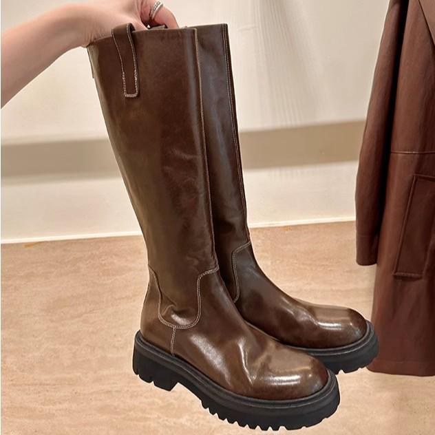 Introducing: Quick-Delivery Mom-Style Grape Boots – Wrinkled Horsehide, Round Toe, Thick Sole, Chunky Heel, Slimming Mid-Calf Knight Boots for Women.