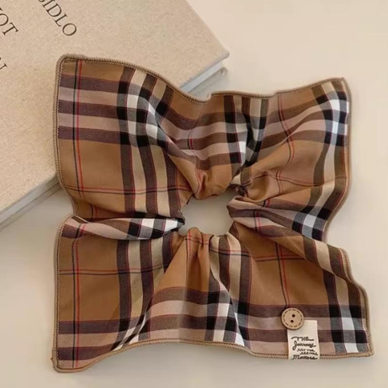 British College Plaid Hair Tie Scarf - Versatile Buttoned Square Fabric for Low Ponytail