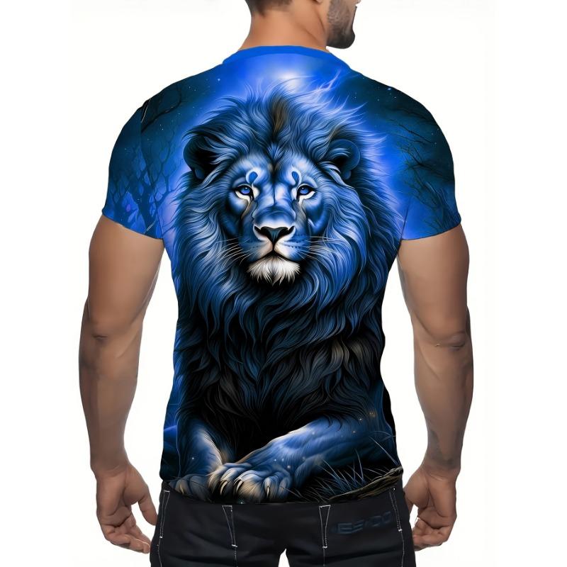 3D Majestic Lion Printed T-Shirt for Men Cool Animal Portrait Short Sleeve Tees Trendy Casual Round Neck Summer Pullover Dark Red Streetwear Tops